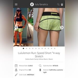 Lululemon Run Speed Short  Stretch Dottie Dash Clarity Yellow Black Size :6